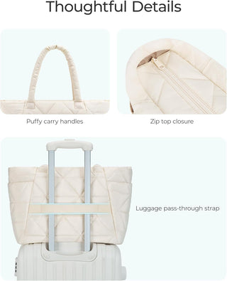 BAGSMART Tote Bag for Women, Puffer Tote Bag with Zipper, Large Quilted Shoulder Bag with Compartments for Travel, Work, Gym