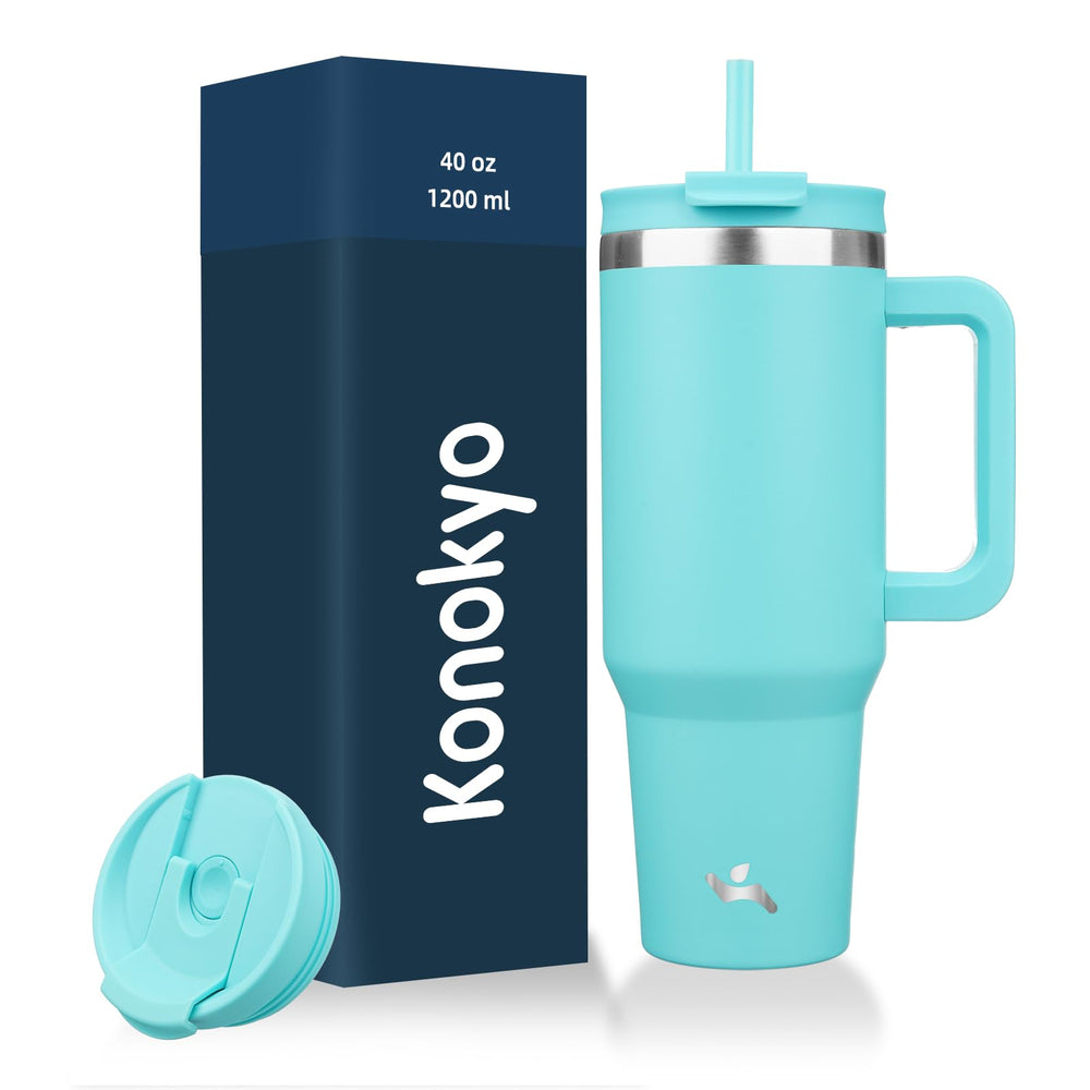Konokyo 40 oz Tumbler with Handle and 2 Straws,2 in 1 Lid Insulated Water Bottle Stainless Steel Travel Coffee Mug,Mint