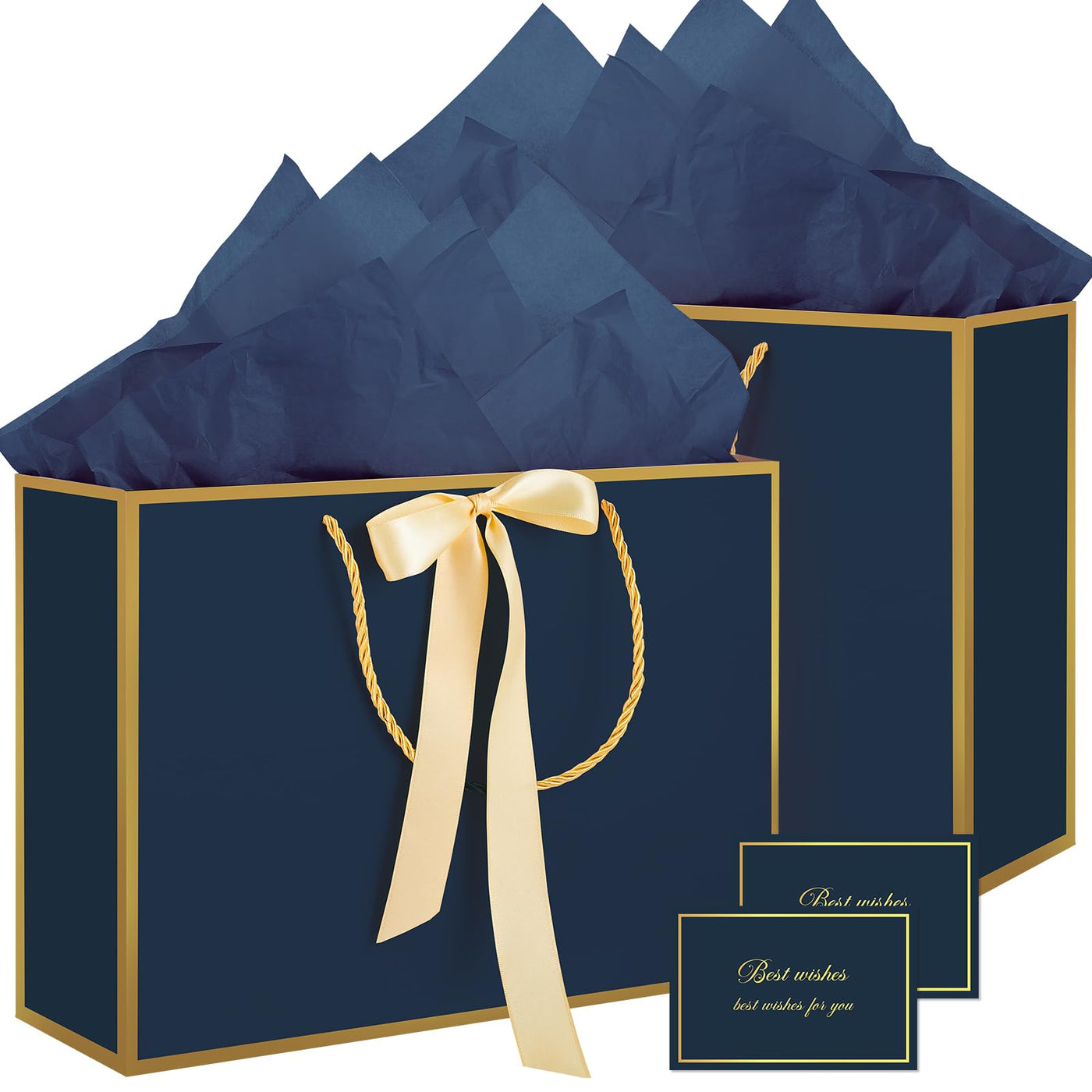 woric Black Gift Bags with Handles, 14" Medium Gift Bag with Tissue Paper, 2 Pcs Bags with 4 Tissue Paper and 2 Cards for Men Graduation Father's Day Birthday Party