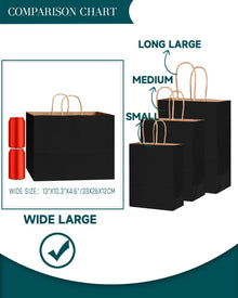 Bakepacker 100-Pack Wide Large Size Paper Bags With Handles Bulk 12.6"x4.3"x10" Black Party Kraft Shopping Bags