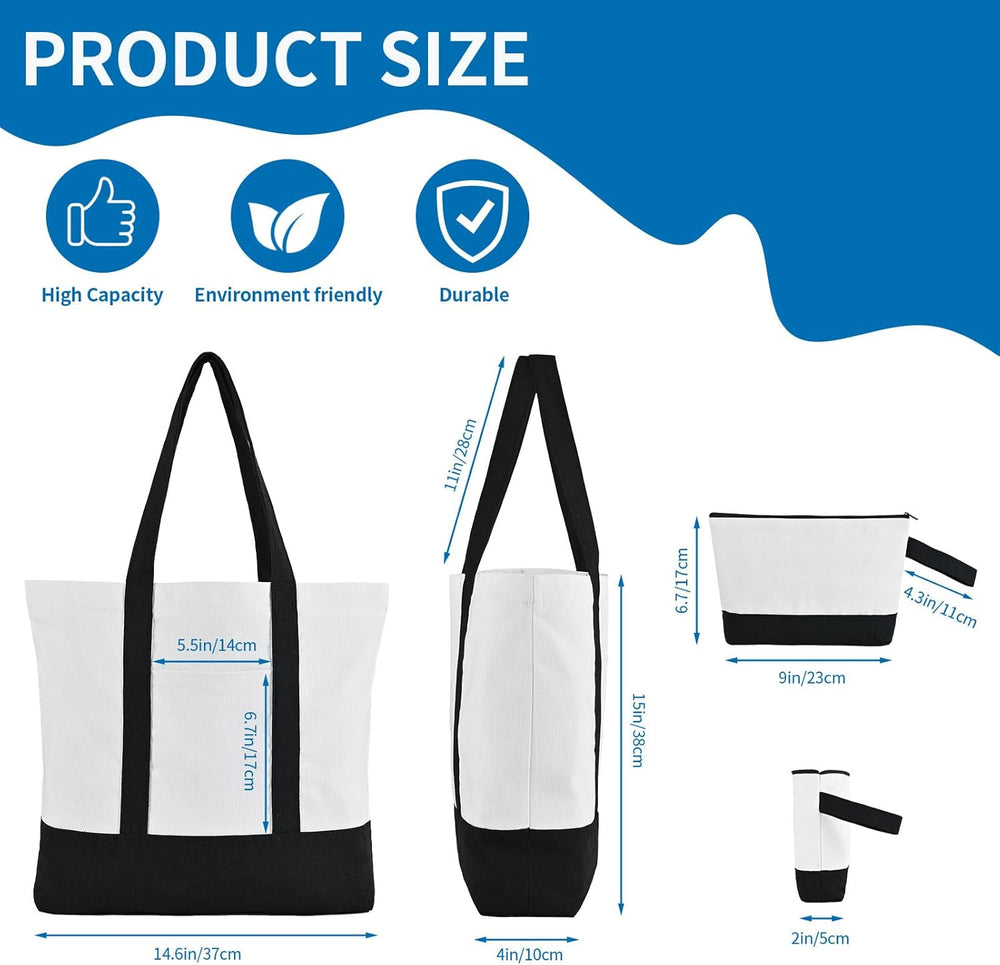 16 Pcs Canvas Tote Bags Bulk and Makeup Pouches Set, 12oz Cotton Reusable Zippered Grocery Bags with Handles, DIY Sublimation, Christmas Craft, Beach & Travel with External Pocket (Women & Men)