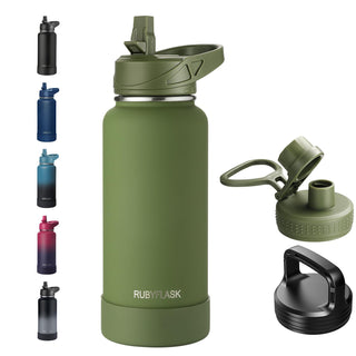 RUBYFLASK 32oz Insulated Water Bottle with Straw, Stainless Steel Metal Vacuum Water Flask, Large Thermal Water bottle with Leakproof 3 Lids for Travel, Camping, Gym Sports Indigo Black