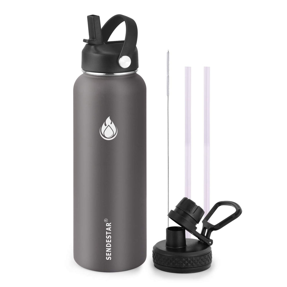 SENDESTAR Water Bottle 32oz Double Wall Vacuum Insulated Leak Proof Stainless Steel Sports Water Bottle—Wide Mouth with New Flex Straw Lid & Spout Lid (Deep Blue&Black)