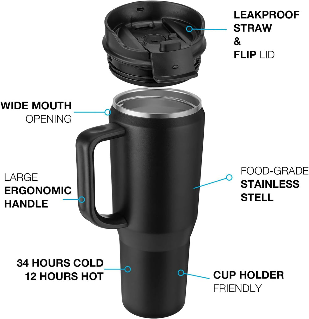 EALGRO 40 oz Tumbler with Handle, Insulated Tumblers with Lid and Straw, Large Metal Sports Water Bottle Jug, Thermal Stainless Steel Travel Coffee Mug Cup, Black