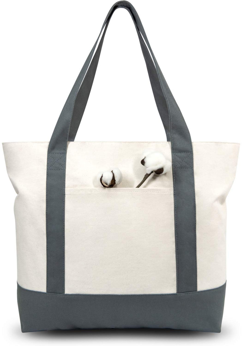 TOPDesign 1 | 3 | 6 | 30 Pack Canvas Tote Bag with an External Pocket, Reusable Grocery Shopping Bag, Top Zipper Closure, Daily Essentials (Black/Natural Pack of 1)