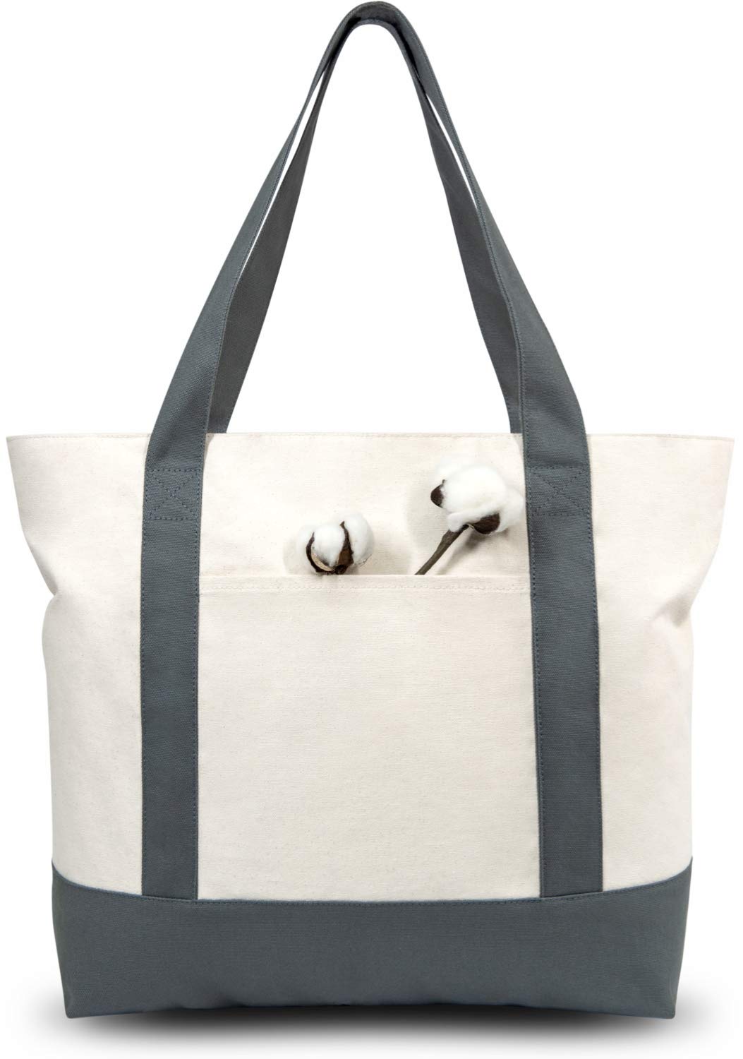 TOPDesign 1 | 3 | 6 | 30 Pack Canvas Tote Bag with an External Pocket, Reusable Grocery Shopping Bag, Top Zipper Closure, Daily Essentials (Black/Natural Pack of 1)