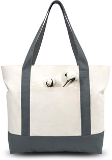 TOPDesign 1 | 3 | 6 | 30 Pack Canvas Tote Bag with an External Pocket, Reusable Grocery Shopping Bag, Top Zipper Closure, Daily Essentials (Black/Natural Pack of 1)