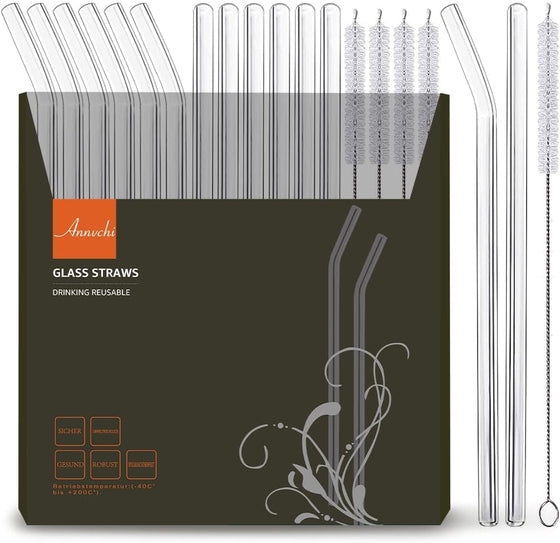 ANNVCHI 16 Pack Reusable Glass Straws,Set of 6 Straight and 6 Bent with 4 Cleaning Brush,Perfect for Smoothies,Tea, Juice, Milkshakes(8.5''x10 MM)