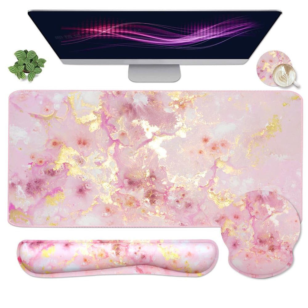 4-in-1 Gaming Mouse Pad Wrist Support Set，Desk Pad + Mouse Pad with Wrist Rest + Keyboard Wrist Rest + Coaster, Ergonomic Design for Home Office Study Game - Blue Marble