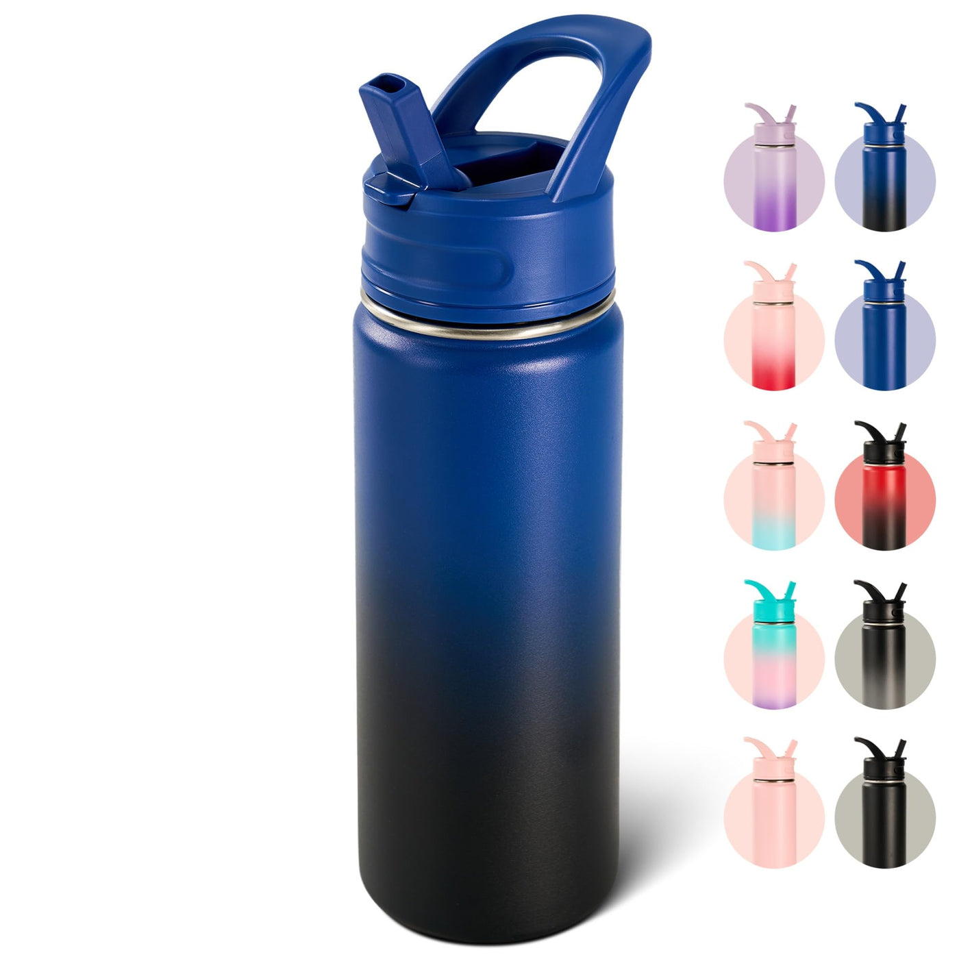 Fijinhom 18oz Insulated Stainless Steel Water Bottle with Straws, Double Wall Vacuum Insulated Bottles, Metal Thermo for Travel, Sports, Leak-Proof, BPA Free, Women & Men, Black