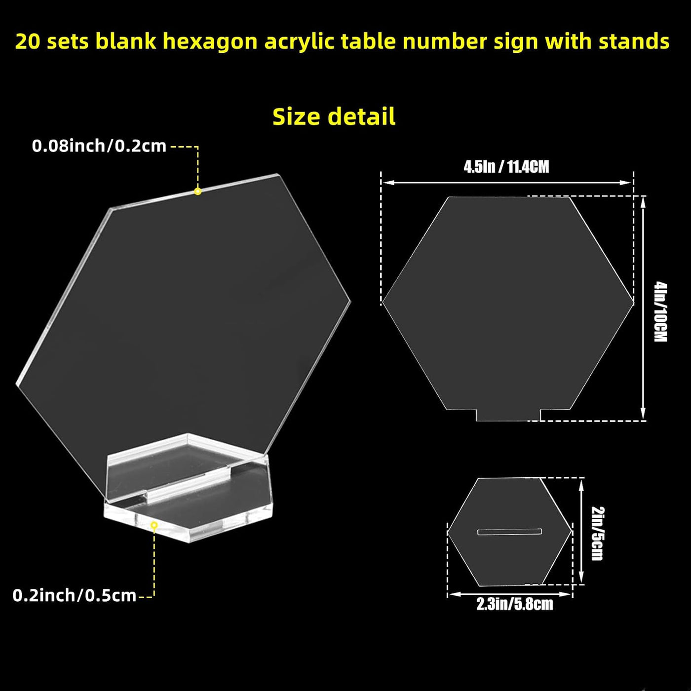 20 Sets 4.5" Hexagon Acrylic Sign Table With Stand Blanks Acrylic Table Numbers for Wedding Party and Food & Beverage Center Decor