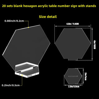 20 Sets 4.5" Hexagon Acrylic Sign Table With Stand Blanks Acrylic Table Numbers for Wedding Party and Food & Beverage Center Decor
