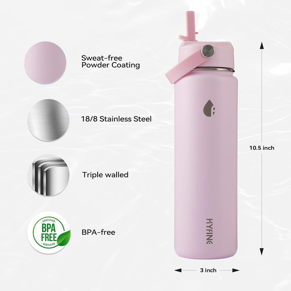 ThermoProof Double-Walled Vacuum Insulated Stainless Steel Water Bottle - Wide Mouth Canteen, Straw Lids, Dishwasher Safe, Reusable, Leakproof, Hot & Cold for Men, Women - 24oz (pink)