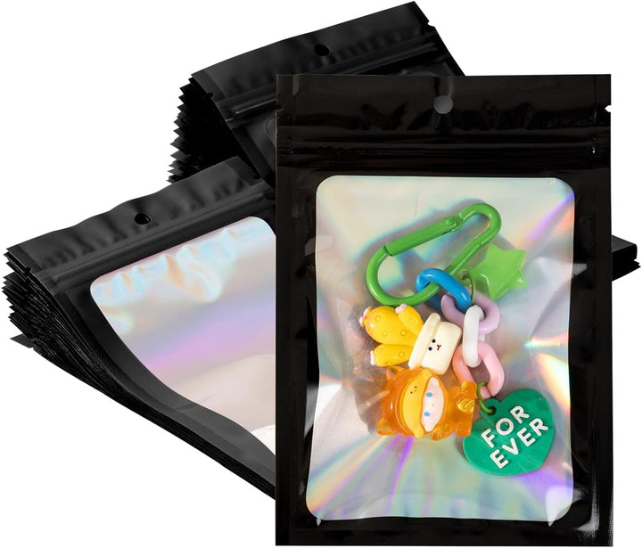 50Pcs Black Holographic Mylar Bags, 5.5x7.8 inch Resealable Foil Zipper Pouches for Gummies, Party Favors, Small Business Packaging