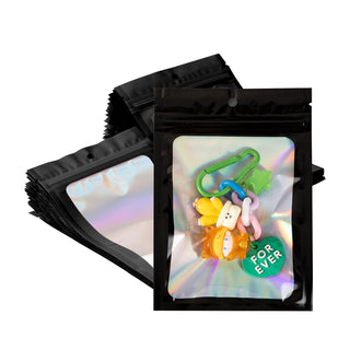 50Pcs Black Holographic Mylar Bags, 5.5x7.8 inch Resealable Foil Zipper Pouches for Gummies, Party Favors, Small Business Packaging