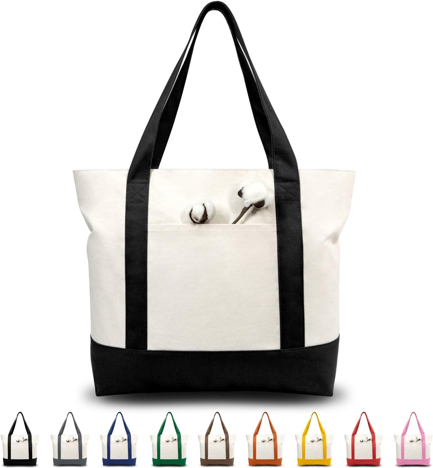 TOPDesign 1 | 3 | 6 | 30 Pack Canvas Tote Bag with an External Pocket, Reusable Grocery Shopping Bag, Top Zipper Closure, Daily Essentials (Black/Natural Pack of 1)