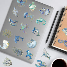 Cute Marine Life Gold-Embossed Waterproof Stickers for Water Bottle, 50PCS Cool Marine Creatures Transparent Stickers Pack for Laptop, Scrapbook, Ocean Animal Blue Golden Decals Gift