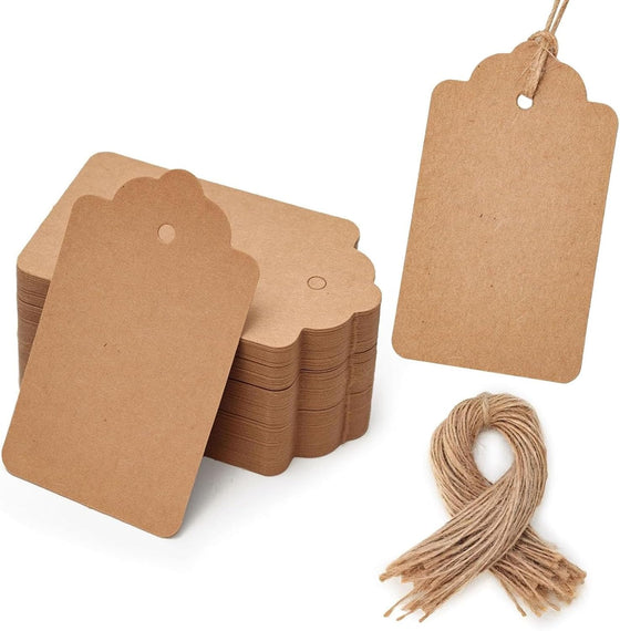 SallyFashion 100pcs Gift Tags with String Attached, 1.7 x 2.8 inch Kraft Paper Hang Tags for Clothes DIY Crafts Wedding Holiday (Brown)