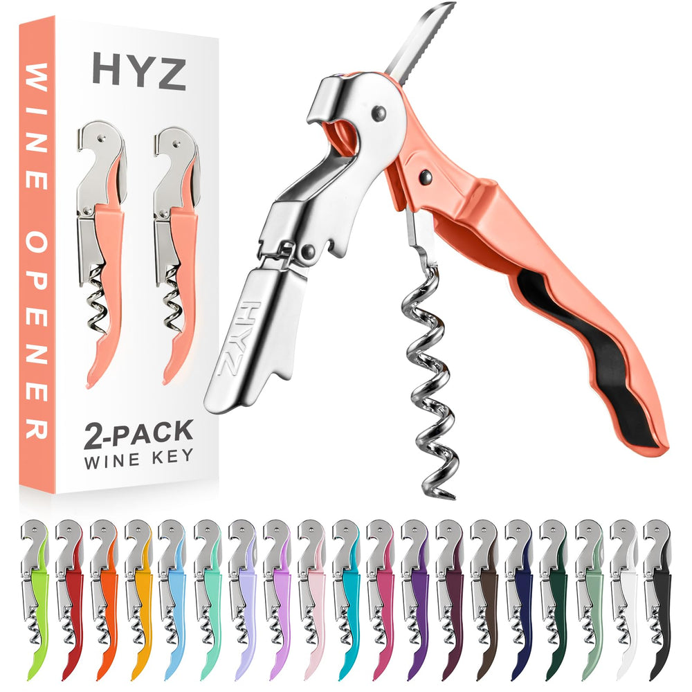 HYZ 2-Pack Wine Opener Waiter Corkscrew, Professional Wine Key for Servers, Bartender with Foil Cutter, Manual Wine Bottle Opener Double Hinged (Pink)
