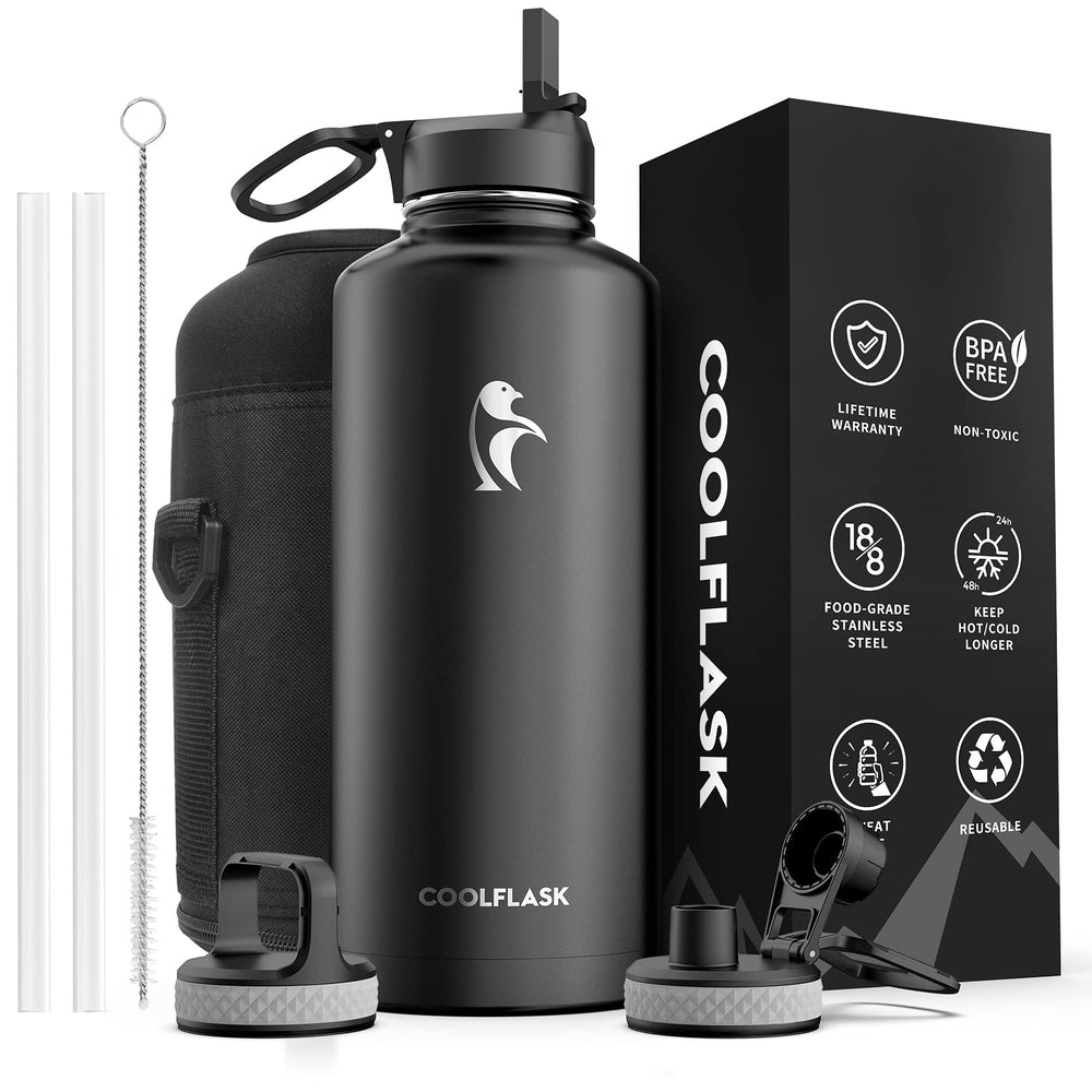 Water Bottle 40 oz Insulated with Straw&Brush, Coolflask Vaccum Stainless Steel Metal 3 Lids Water Flask for Sports, Gym or Office, Keep Cold 48H Hot 24H, Magic Black