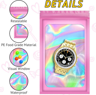 100 PCS Holographic Bags, Smell Proof Bag, Resealable Gift Bags, Clear Bags for Food Storage, Party Favor Bag, Mylar Sample Bag for Jewelry, Lipgloss, Eyelash | Pink, 2.4x3.9 Inch