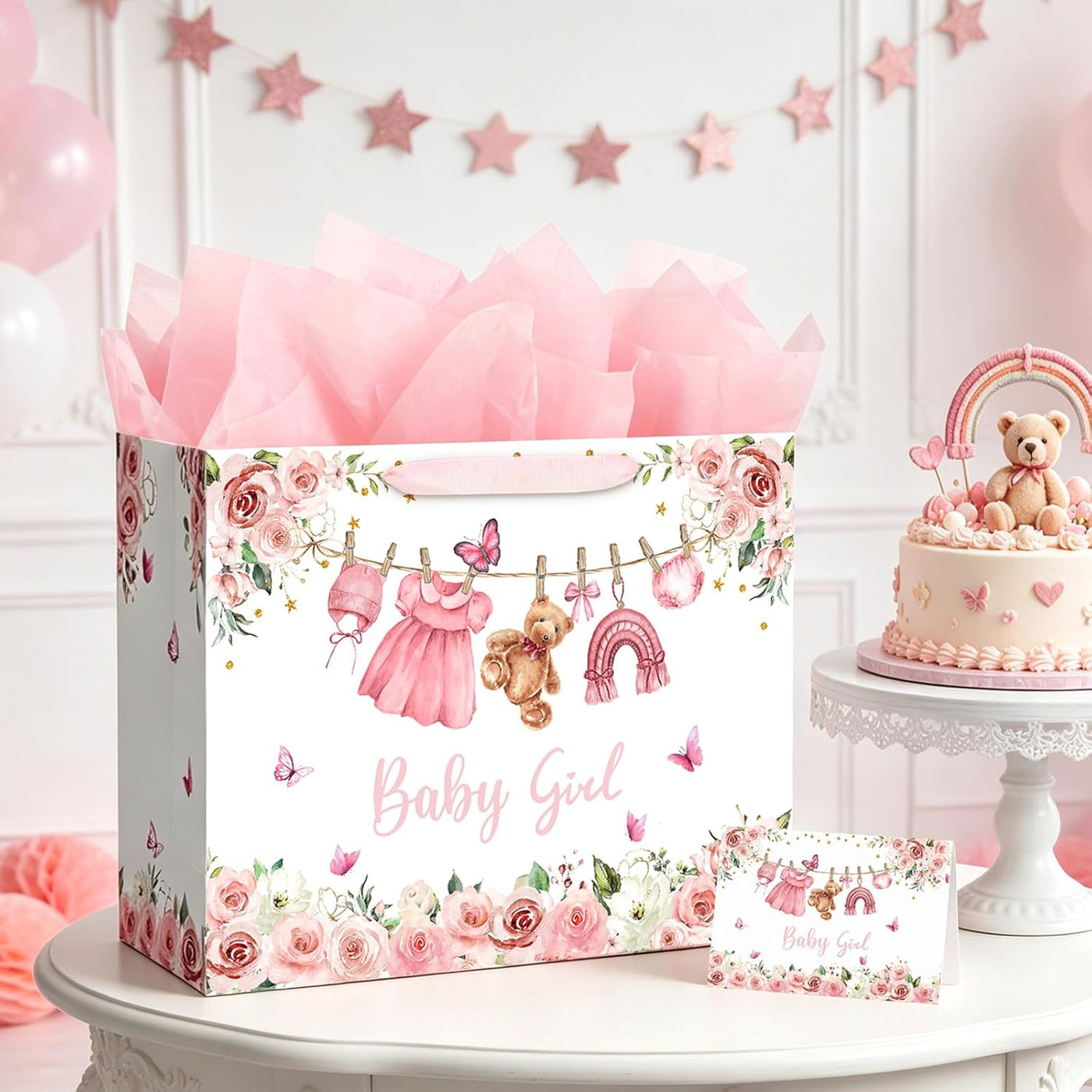 Yusenguan 16.5" Extra Large Baby Gift Bag Set with Tissue Paper and Greeting Card, Pink Floral Design for Girl Baby Shower, Kids Birthday Party and Newborn Gifts