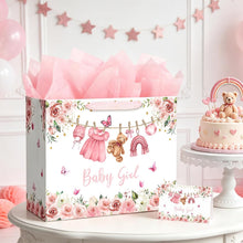 Yusenguan 16.5" Extra Large Baby Gift Bag Set with Tissue Paper and Greeting Card, Pink Floral Design for Girl Baby Shower, Kids Birthday Party and Newborn Gifts