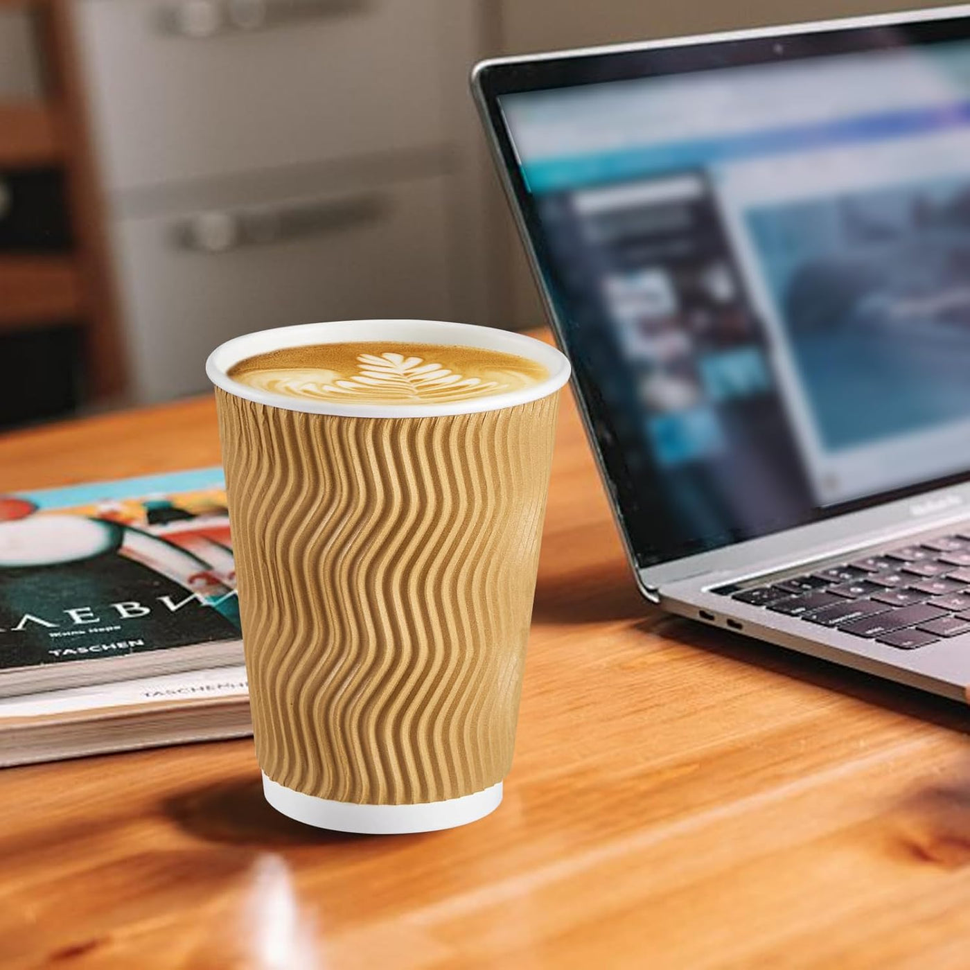 SIUQ 12 oz Coffee Cups - 150 Pack, Insulated Disposable Paper Cups 12 oz, Corrugated Ripple Wall Cups for Hot Beverage or Cold Drinks (Champagne)