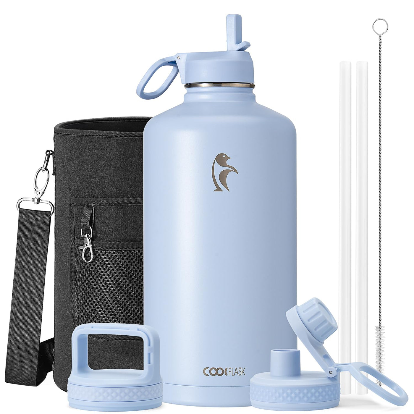 Water Bottle 40 oz Insulated with Straw&Brush, Coolflask Vaccum Stainless Steel Metal 3 Lids Water Flask for Sports, Gym or Office, Keep Cold 48H Hot 24H, Magic Black