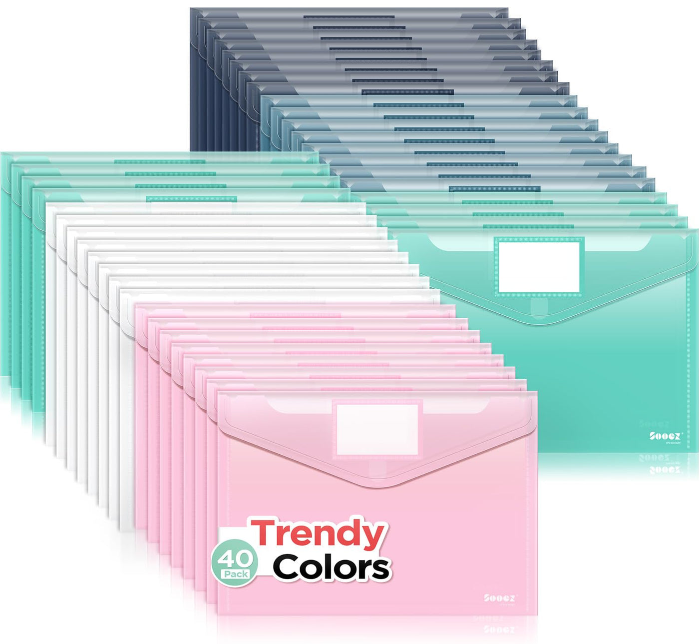 Sooez 10Pack Plastic Envelopes, Plastic File Folders, Clear Folders for Documents Trendy Colors, Super Heavyweight Document Holders, Storage Pouches, File Envelopes for School Office Supplies