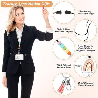 Roowest Graduation Gifts Teacher Lanyards for ID Badge Keys Colorful Rainbow Beaded Badge Lanyard for Women's Day Secretary Employee Appreciation