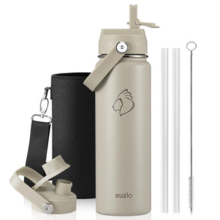 BUZIO 40oz Insulated Water Bottle, Triple Wall Vacuum Stainless Steel Water Flask with 2 lids, Lead-Free BPA-Free Straw Lid Sports Canteen Jug, Cold 48H & Hot 24H- Black