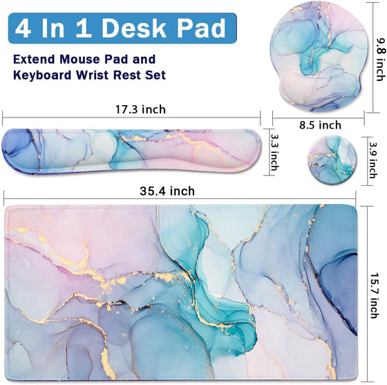 4-in-1 Gaming Mouse Pad Wrist Support Set，Desk Pad + Mouse Pad with Wrist Rest + Keyboard Wrist Rest + Coaster, Ergonomic Design for Home Office Study Game - Blue Marble - hover image