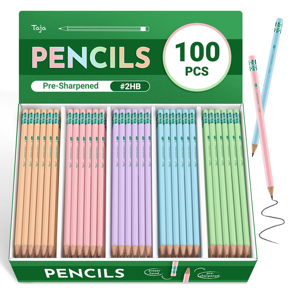 Taja 50 Pack Wood-Cased #2 HB Pencils, Bulk Pre-Sharpened Pencils with Top Erasers, Perfect for School & Classroom Writing and Drawing - Macaron