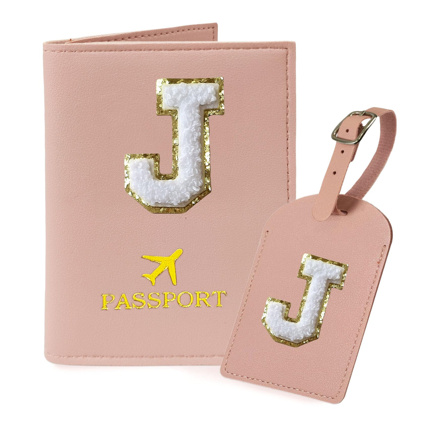 COSHAYSOO Purple Passport Cover Holder and Initial Luggage Tag Set TSA Approved with Personalized Monogram Chenille Letter Patch for Women Teen Girls, Cute Travel Bag Suitcase Identifier (A)
