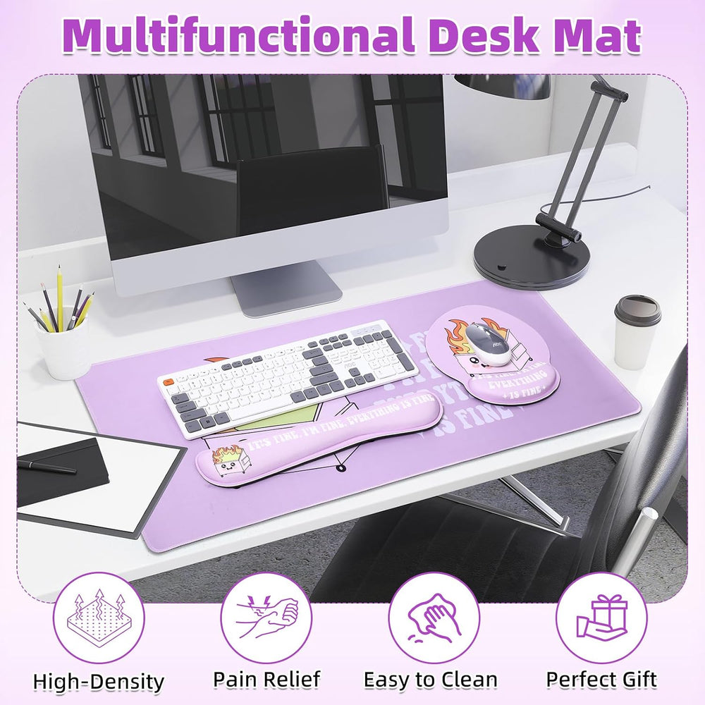 Kingdder 4 Pcs Dumpster Mouse Pad Kit Mouse Wrist Rest, Purple Funny Cute Fire Large Desk Mat, Keyboard Wrist Rest, Coaster, Ergonomic Desk Mat Gaming Work Home Office Accessories Supplies Decor