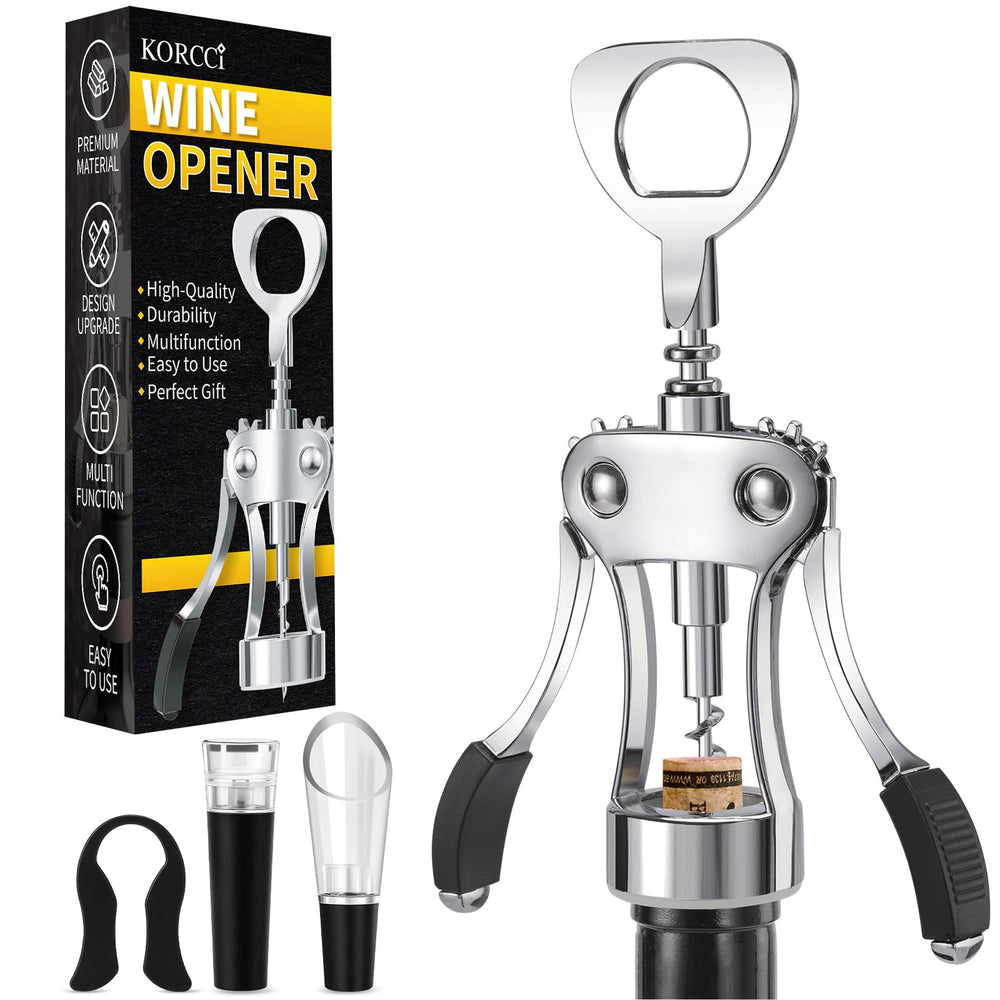 KORCCI Wine Opener, Heavy-Duty Zinc Alloy Wing Corkscrew, Premium Beer Bottle Opener, Multifunctional Wine Accessories with Ergonomic Handle and Sharp Screw, for Kitchen, Bar, Restaurant (SILVER)