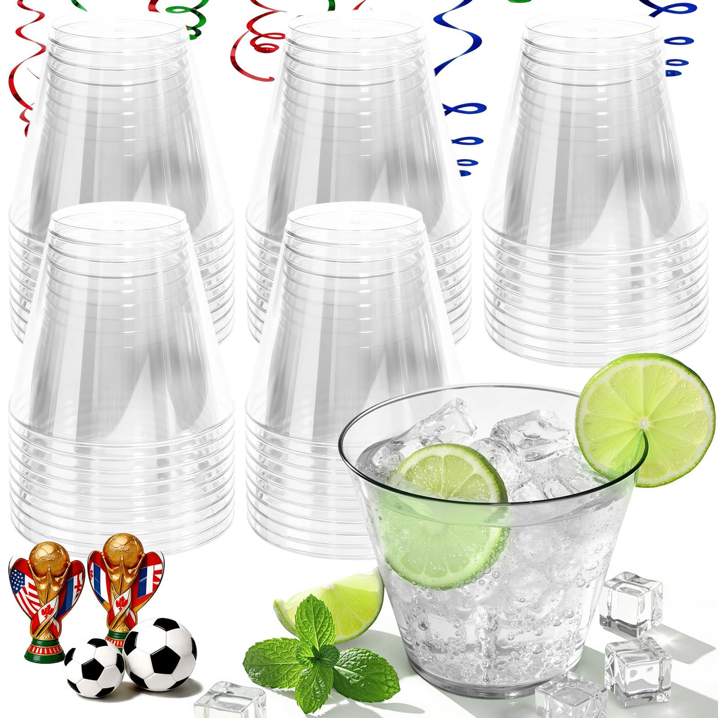 9 oz Clear Plastic Cups Green Plastic Disposable Cups for Cocktail 50 Pack Fancy Cocktail Cup for Party Stemless Wine Glasses for Wedding Graduation Birthday World Cup