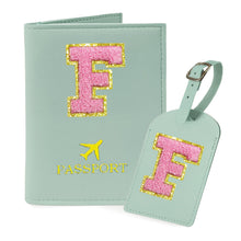 COSHAYSOO Purple Passport Cover Holder and Initial Luggage Tag Set TSA Approved with Personalized Monogram Chenille Letter Patch for Women Teen Girls, Cute Travel Bag Suitcase Identifier (A)