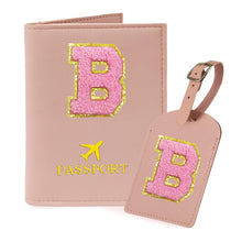COSHAYSOO Purple Passport Cover Holder and Initial Luggage Tag Set TSA Approved with Personalized Monogram Chenille Letter Patch for Women Teen Girls, Cute Travel Bag Suitcase Identifier (A)