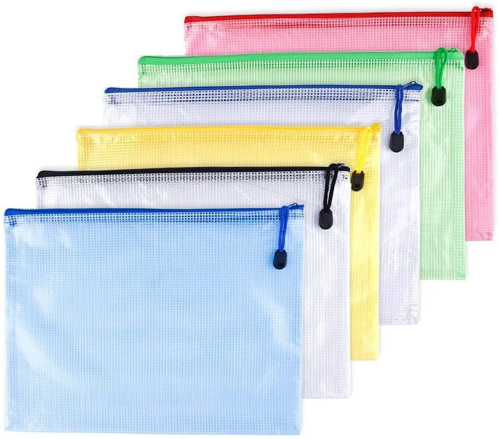 A4(9"x 13")-Mesh Zipper Pouch Plastic Zipper File Zip Document Folders for Office Supplies Travel Bags,6-Pcs,Multicolor