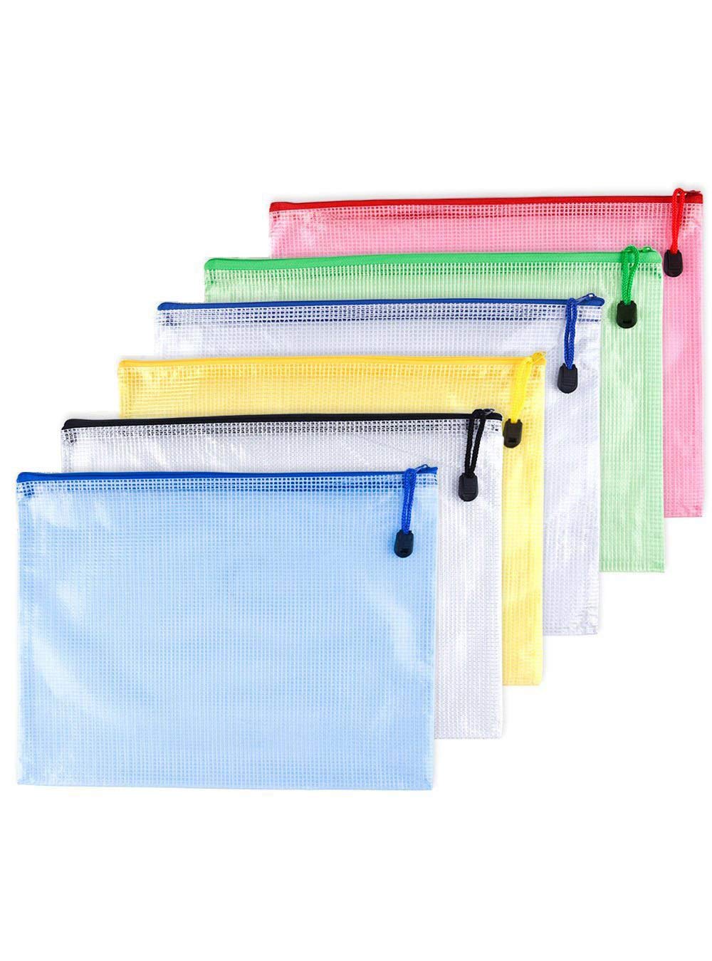 A4(9"x 13")-Mesh Zipper Pouch Plastic Zipper File Zip Document Folders for Office Supplies Travel Bags,6-Pcs,Multicolor