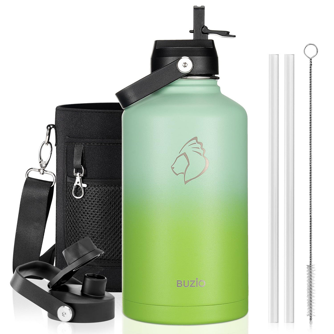 BUZIO 40oz Insulated Water Bottle, Triple Wall Vacuum Stainless Steel Water Flask with 2 lids, Lead-Free BPA-Free Straw Lid Sports Canteen Jug, Cold 48H & Hot 24H- Black