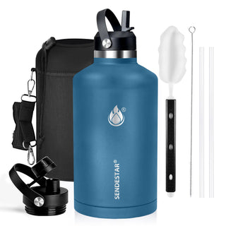 SENDESTAR Water Bottle 32oz Double Wall Vacuum Insulated Leak Proof Stainless Steel Sports Water Bottle—Wide Mouth with New Flex Straw Lid & Spout Lid (Deep Blue&Black)