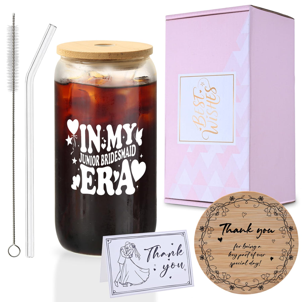 Mr. & Mrs. Glass Tumbler Set, 16oz Glass Cups with Bamboo Lids, Straws & Coasters, Bridal Shower & Wedding Thank You Gift for Couples
