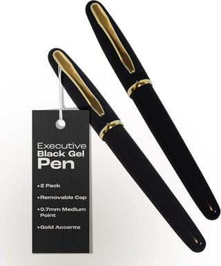 Better Office Products Executive Black Gel Pen, 2 Pack, Classic Business Pen with Removable Cap, Black 0.7mm Medium Point, Gold Accents, Individually Packed in Clear Acrylic Cases