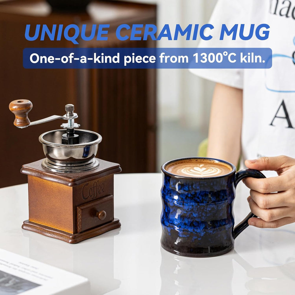 Dehua Artisan 15 oz Ceramic Coffee Mug with Large Handle, Unique Reactive Glaze Coffee Cup for WFH Office, Cozy Holiday Gift for Men Women, Blue