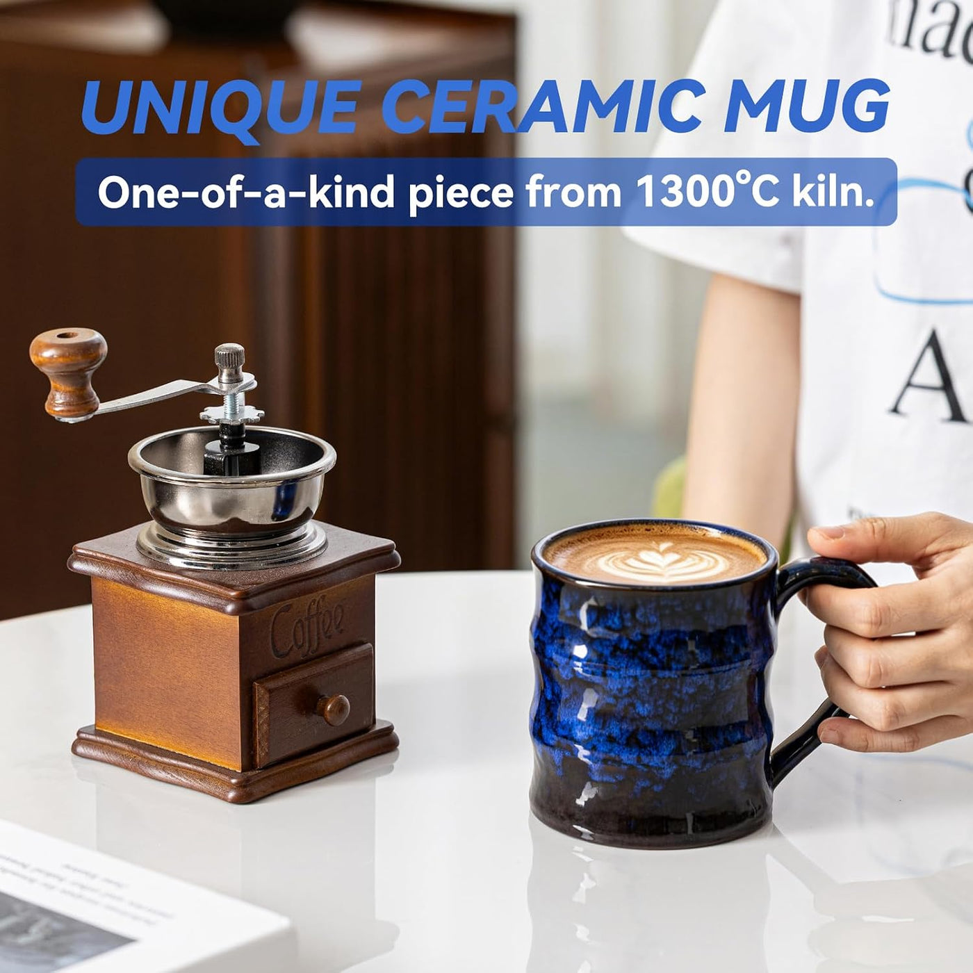 Dehua Artisan 15 oz Ceramic Coffee Mug with Large Handle, Unique Reactive Glaze Coffee Cup for WFH Office, Cozy Holiday Gift for Men Women, Blue