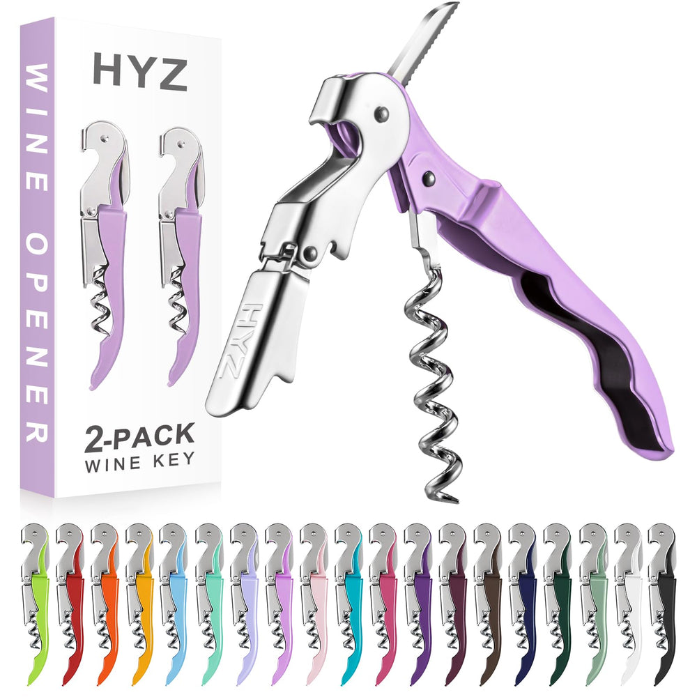 HYZ 2-Pack Wine Opener Waiter Corkscrew, Professional Wine Key for Servers, Bartender with Foil Cutter, Manual Wine Bottle Opener Double Hinged (Pink)