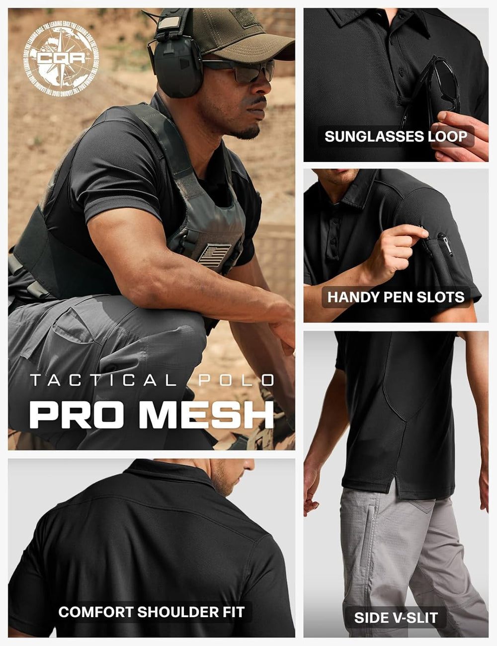 CQR Men's Quick Dry Tactical Polo Shirt, Lightweight Breathable Performance Polo, Short Sleeve UPF 50+ Outdoor Golf Shirt